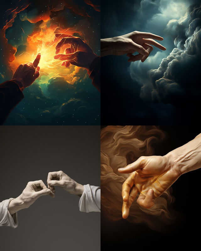 Hands reaching toward each other in dramatic chiaroscuro, with fiery and cloudy blue tones, Midjourney V5.2