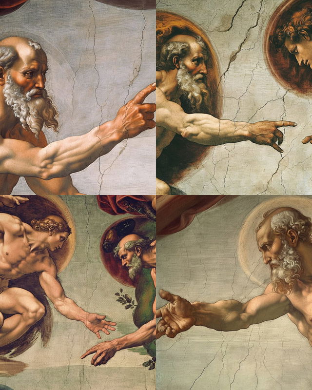 Creation of Adam with fragmented figures and hands, Renaissance fresco style in muted earthy tones, Midjourney V6.0