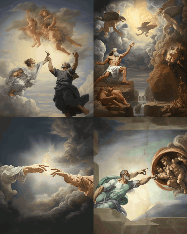 Adam and God reaching toward each other in a classical fresco style with warm, cloudy light, Midjourney V5.2