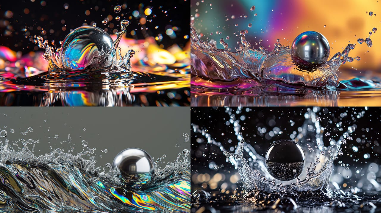 Silver ball flying through splashing iridescent ferrofluid in a high-energy kinetic photograph, Midjourney V6.0