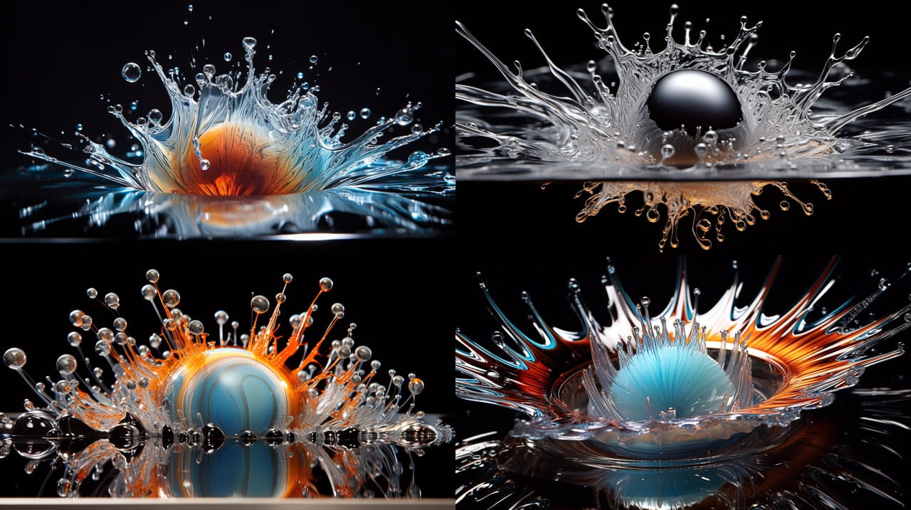 Silver balls splashing iridescent ferrofluid in high-energy kinetic photographs, Midjourney V5.2