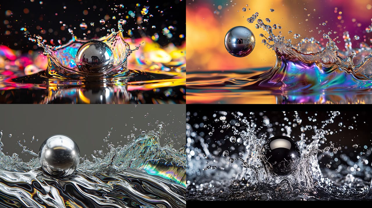 Silver ball flying through splashing iridescent ferrofluid in high-energy kinetic photography, Midjourney V6.0