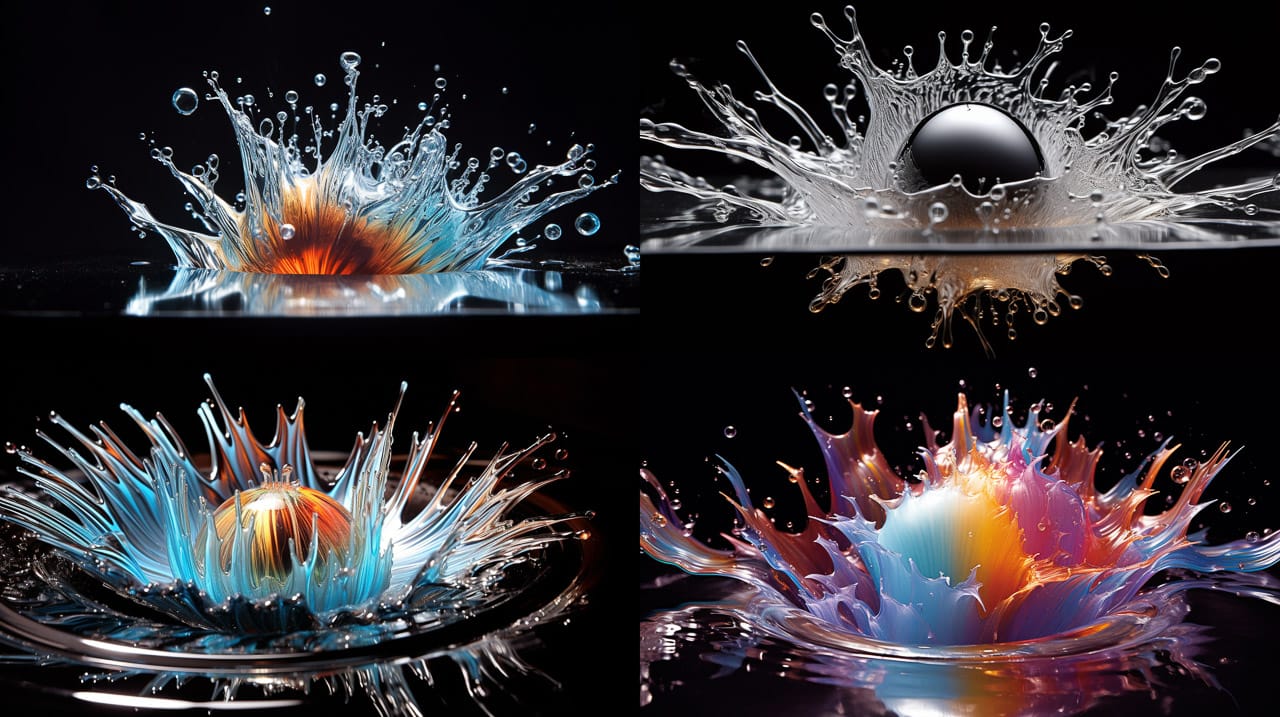 Silver balls splashing through iridescent ferrofluid in kinetic photos, Midjourney V5.2