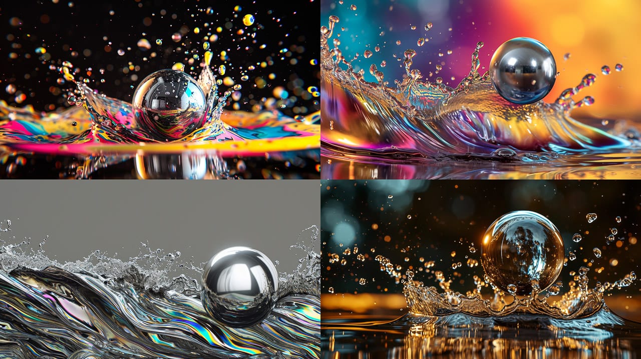 Silver balls flying through splashing iridescent ferrofluid in high-energy kinetic photographs, Midjourney V6.0