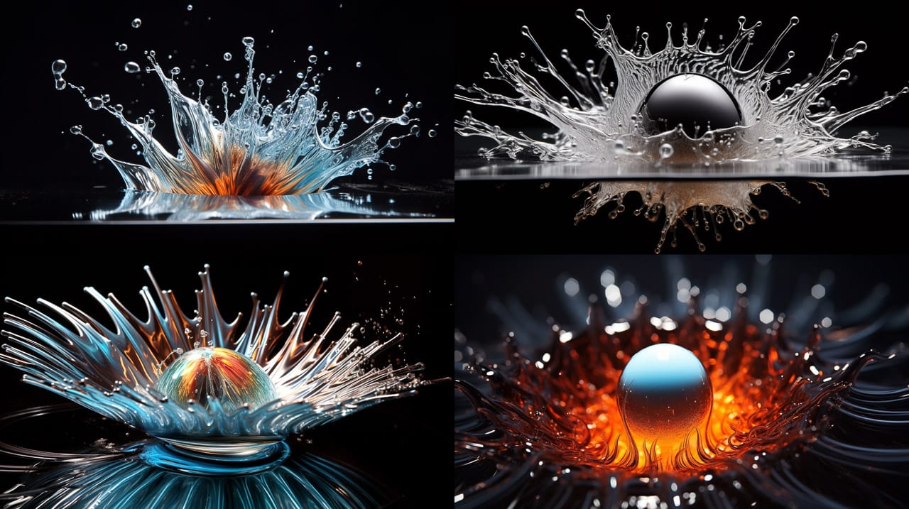 Silver balls splashing through iridescent ferrofluid in high-energy kinetic photography, Midjourney V5.2