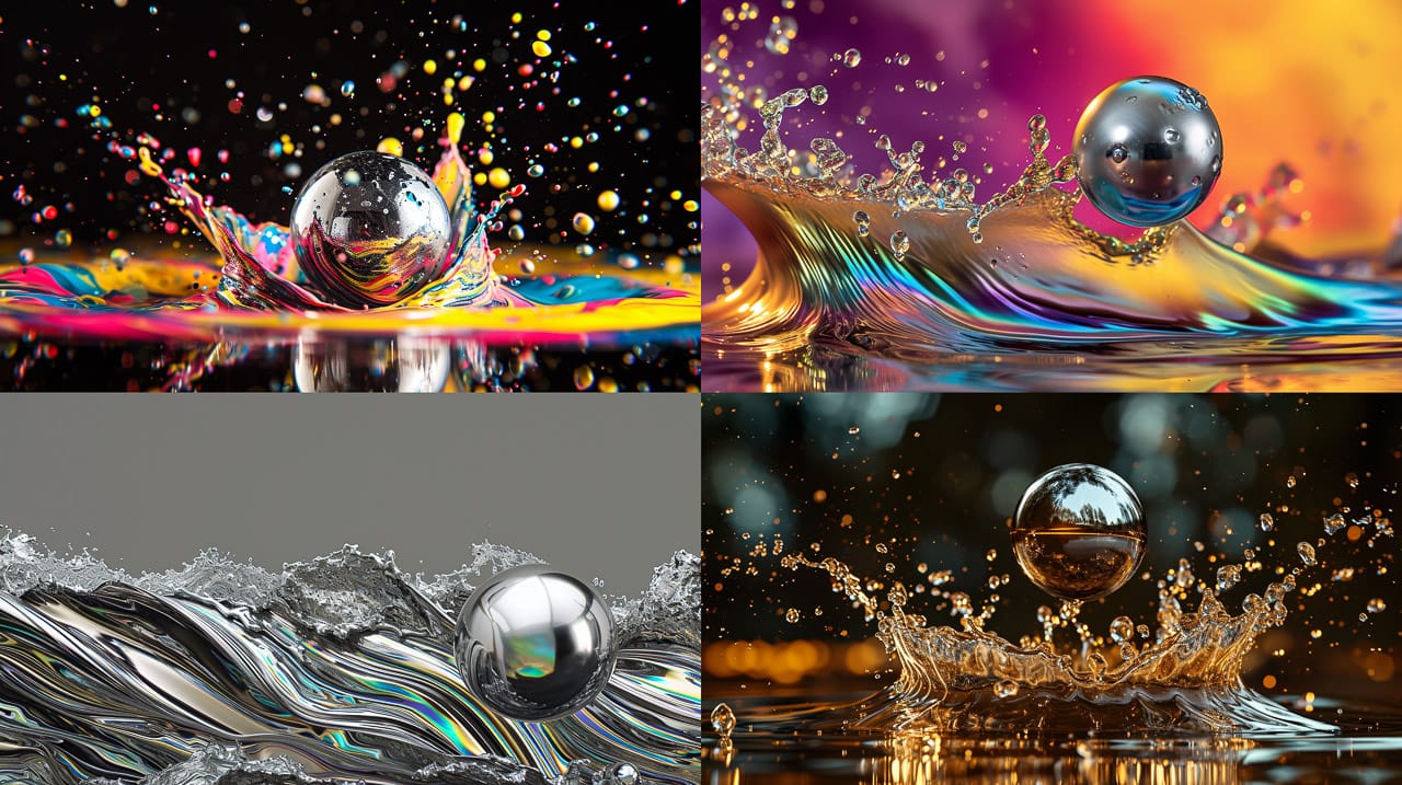 Silver balls flying through splashing iridescent ferrofluid in high-energy kinetic photography, Midjourney V6.0