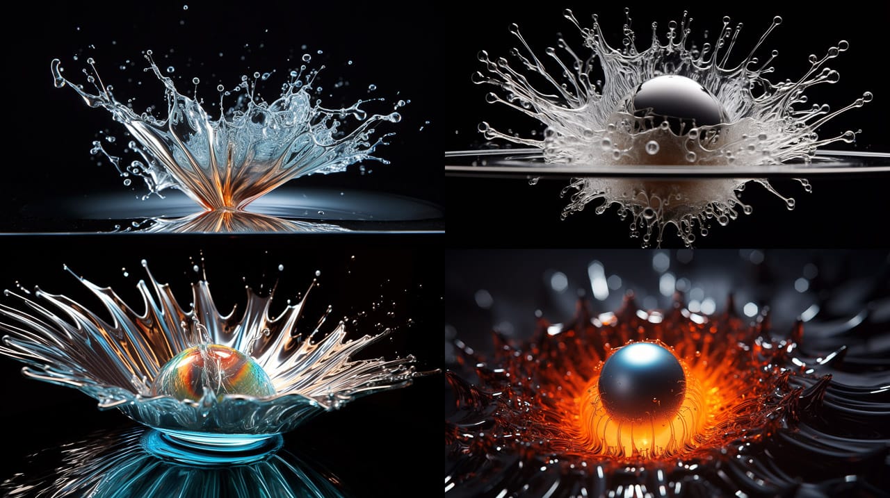 Silver balls striking iridescent ferrofluid in kinetic photographs with dramatic lighting, Midjourney V5.2