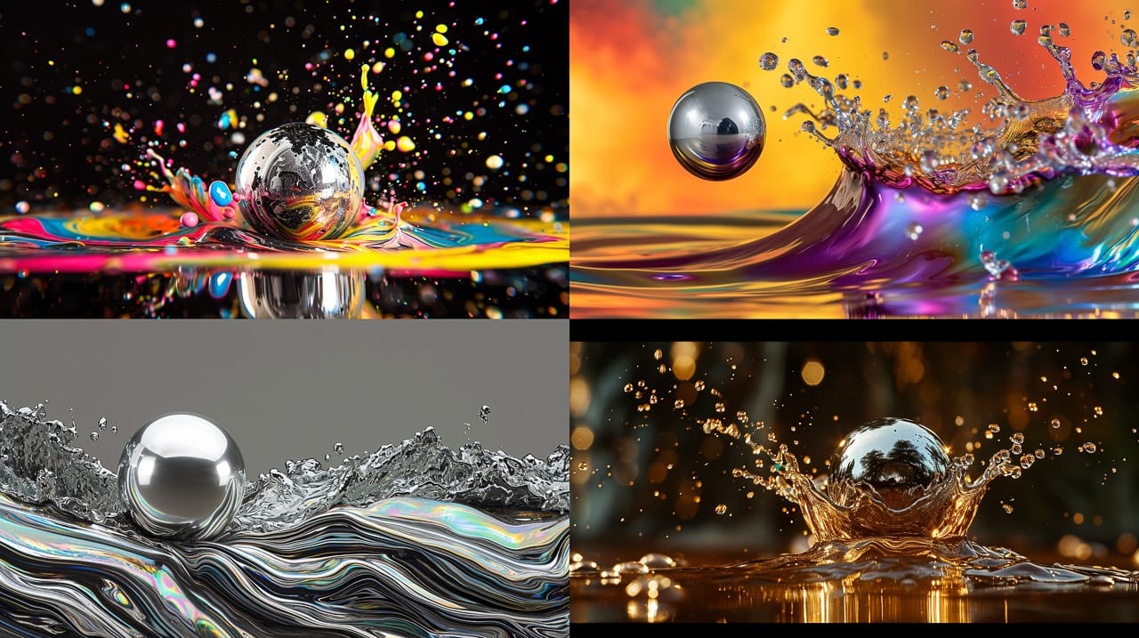Silver ball flying through splashing iridescent ferrofluid in vivid high-energy photographs, Midjourney V6.0