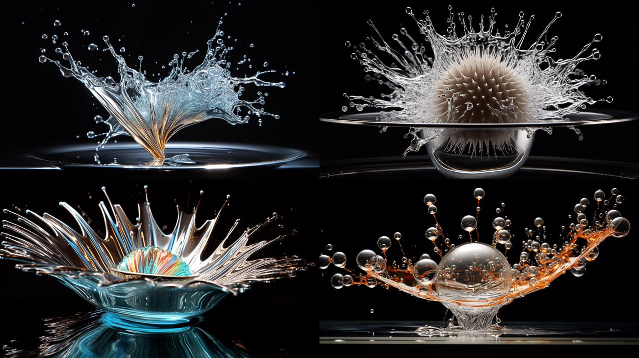 Silver balls splashing through iridescent ferrofluid in high-energy kinetic photographs, Midjourney V5.2