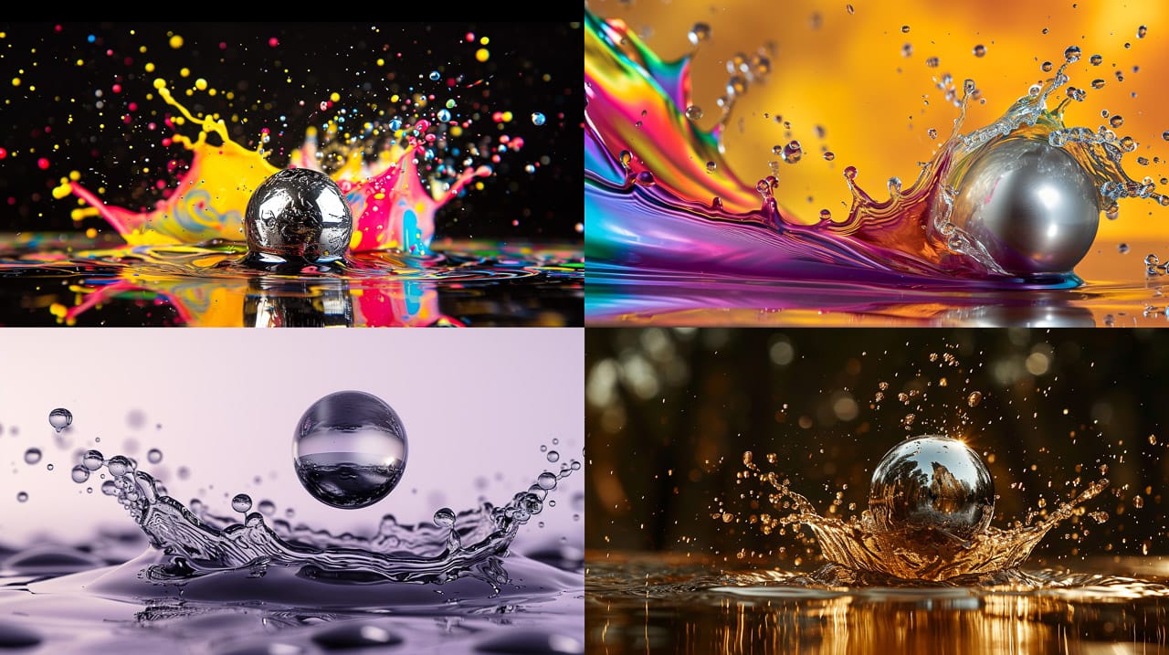 Silver balls splashing through iridescent ferrofluid in vivid high-speed macro photographs, Midjourney V6.0
