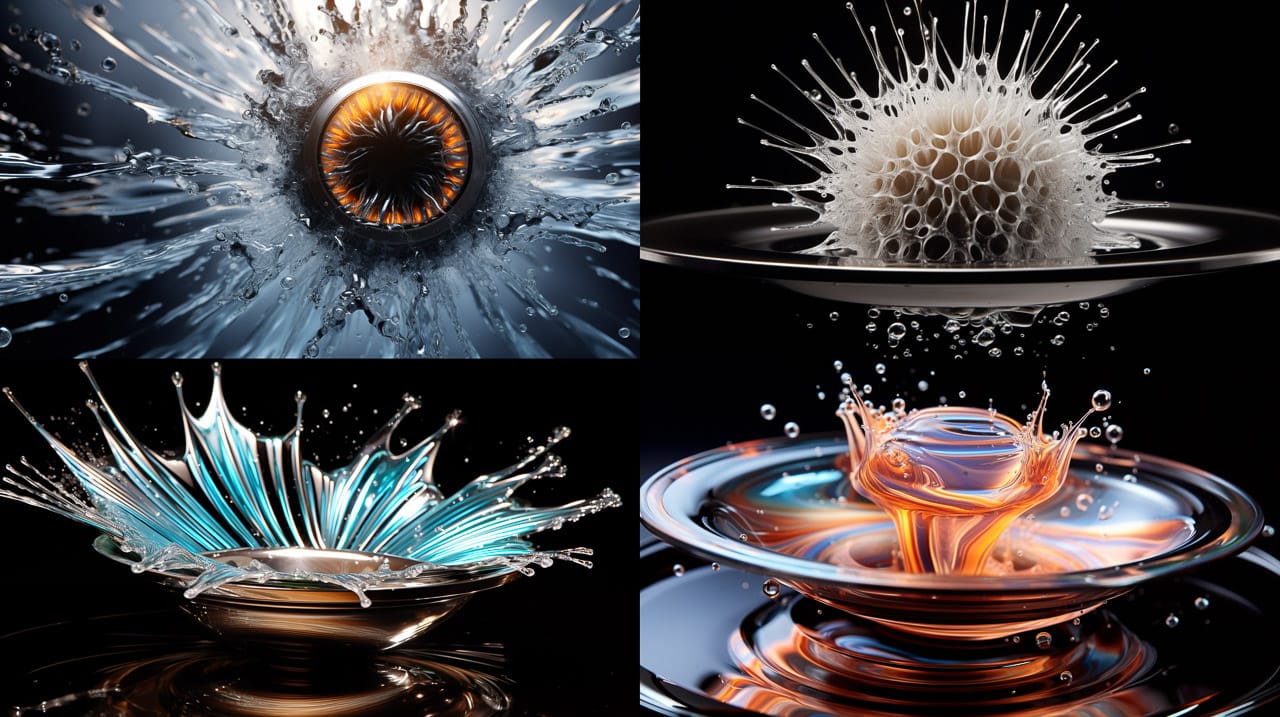 Abstract ferrofluid splashes in kinetic photography with metallic silver, blue, Midjourney V5.2