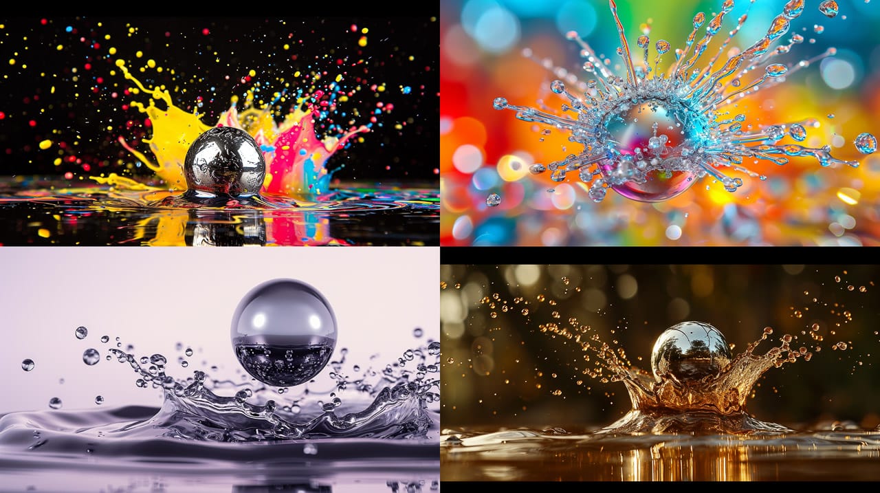 Silver spheres splashing through iridescent ferrofluid in high-energy kinetic macro photography, Midjourney V6.0