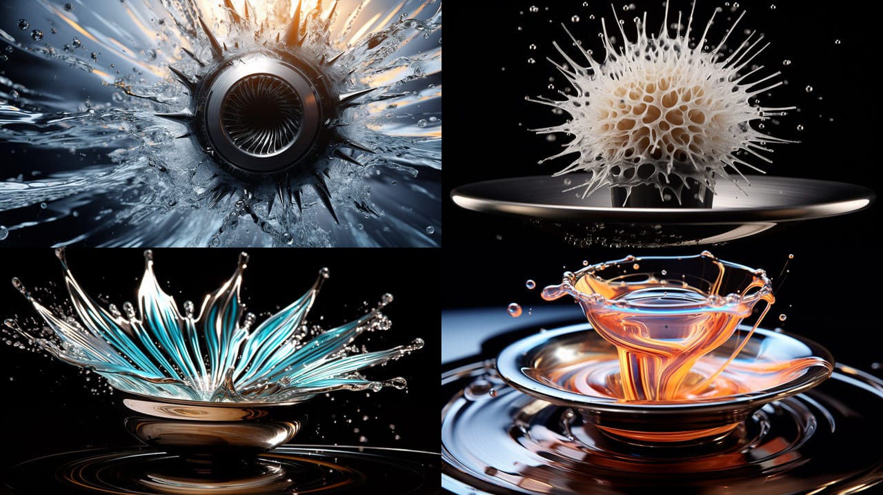 Silver ball flying through splashing iridescent ferrofluid in a high-energy kinetic photograph, Midjourney V5.2