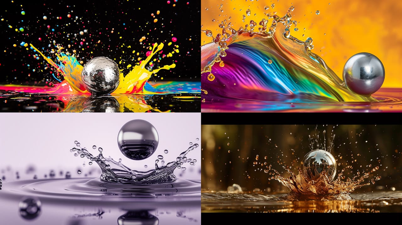 Silver balls striking liquid in kinetic photographs with iridescent splashes and dramatic light, Midjourney V6.0