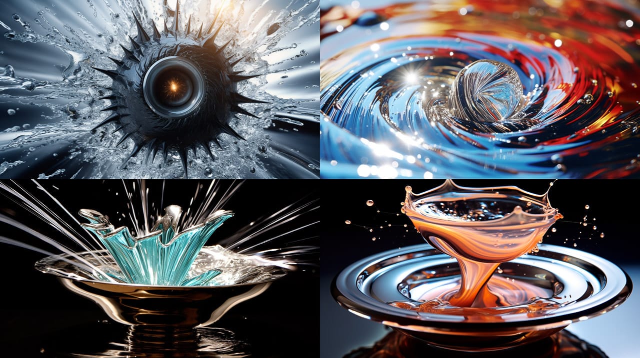 Silver ball flying through splashing iridescent ferrofluid in a high-energy kinetic photograph, Midjourney V5.2, figure 86