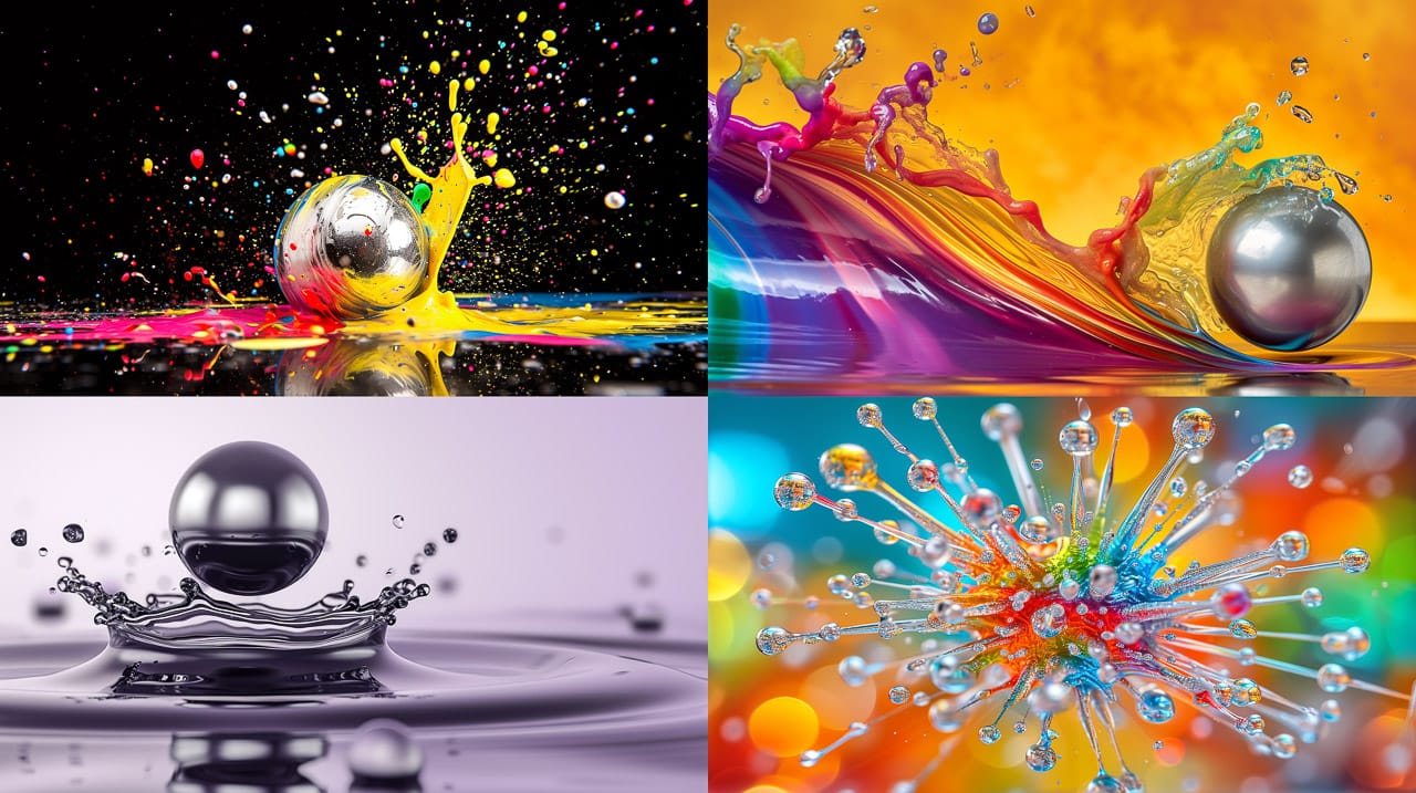 Silver spheres flying through splashing iridescent ferrofluid in vivid high-energy photographs, Midjourney V6.0