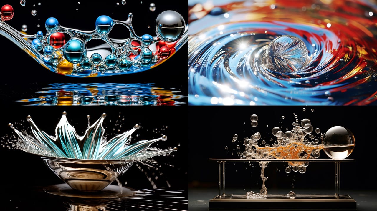 Abstract ferrofluid splashes and silver spheres in high-speed photography with iridescent colors, Midjourney V5.2