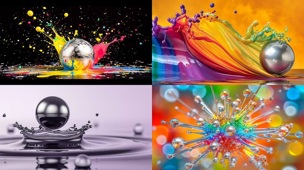 Silver ball flying through splashing iridescent ferrofluid in a vivid kinetic photograph, Midjourney V6.0