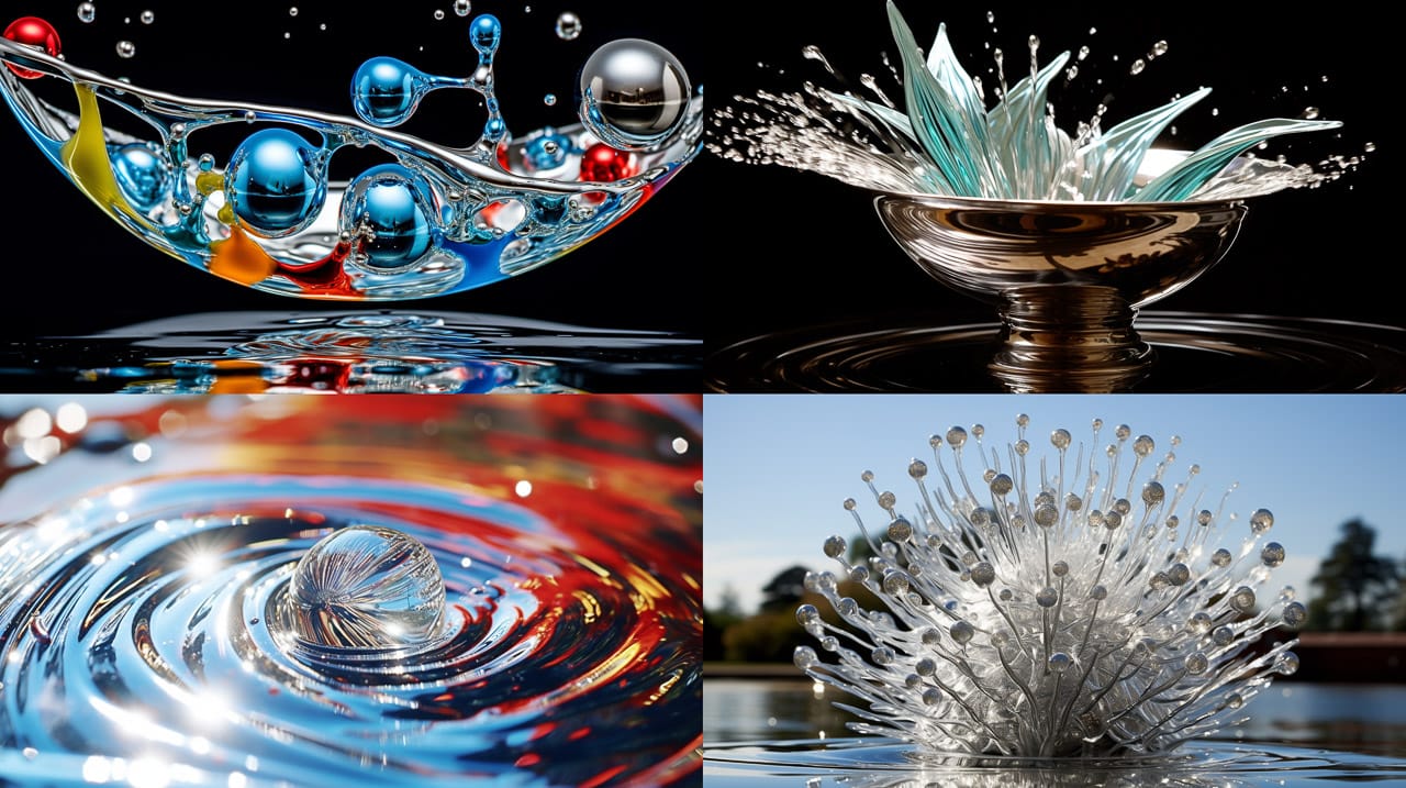 Four abstract liquid splashes with metallic spheres, vivid colors, and glossy highlights, Midjourney V5.2