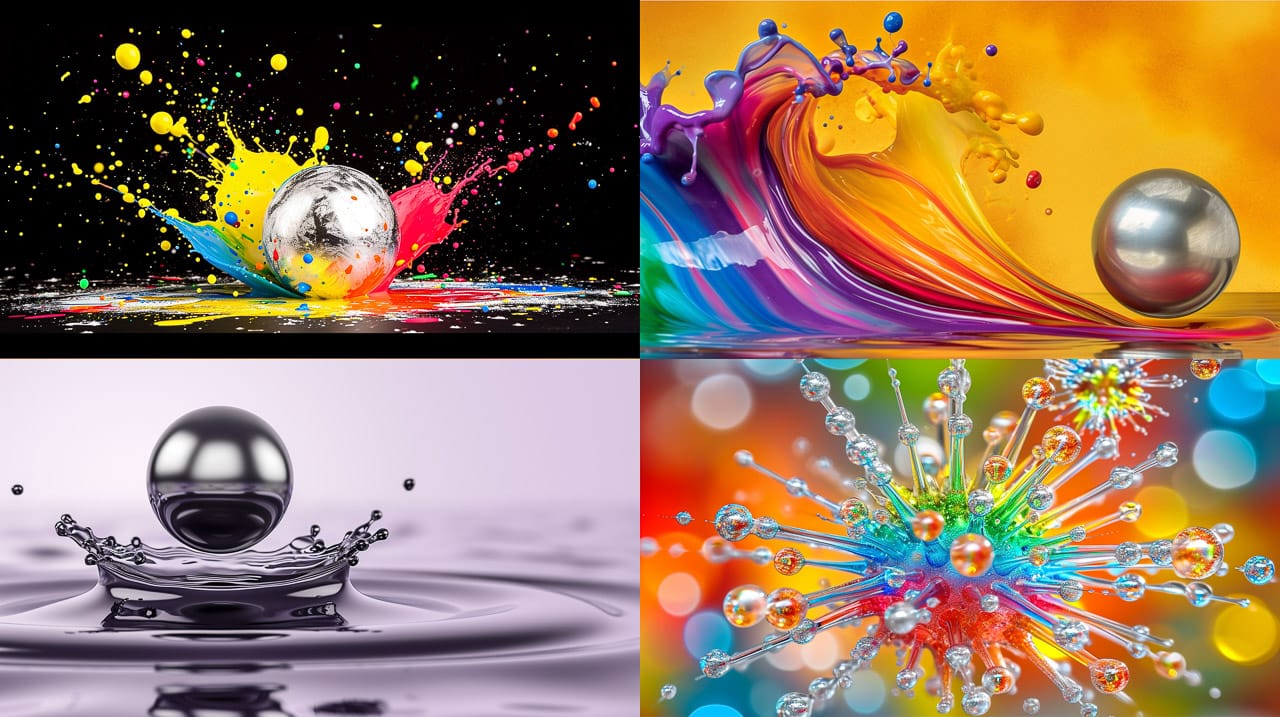 Silver ball flying through splashing iridescent ferrofluid in vivid high-energy kinetic photographs, Midjourney V6.0