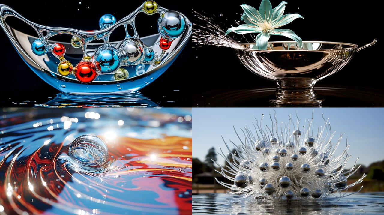 Four abstract liquid-metal scenes with silver spheres, iridescent colors, and dramatic lighting, Midjourney V5.2