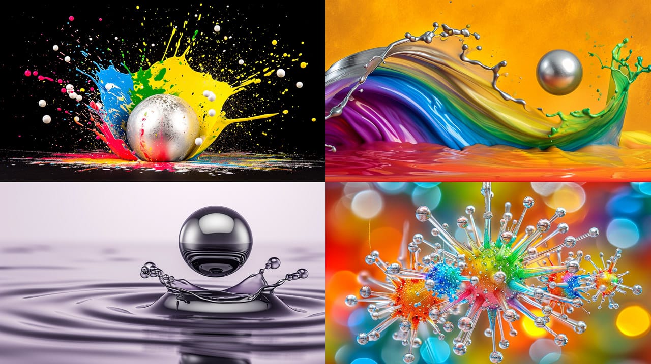 Silver balls amid splashing iridescent ferrofluid, rendered as vibrant high-speed macro photographs, Midjourney V6.0