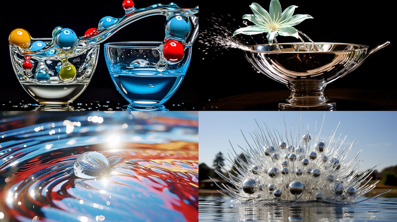 Silver ball splashing through iridescent ferrofluid in a high-energy kinetic photograph, Midjourney V5.2