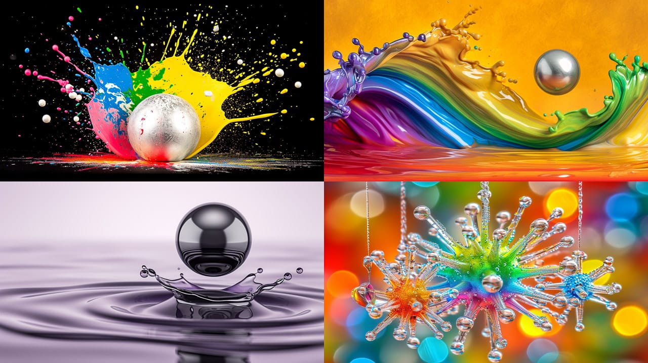 Silver ball amid splashing iridescent ferrofluid, Midjourney V6.0