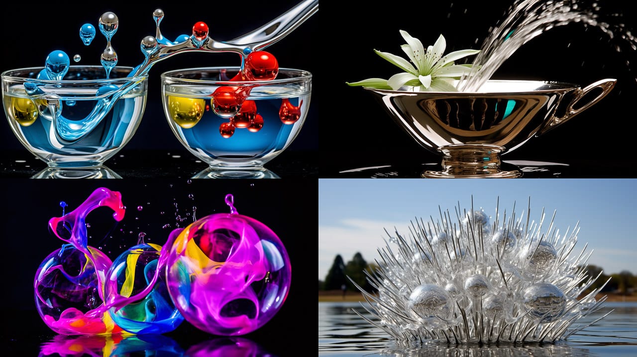 Abstract liquid and glass forms in vivid colors, with glossy highlights and dramatic lighting, Midjourney V5.2