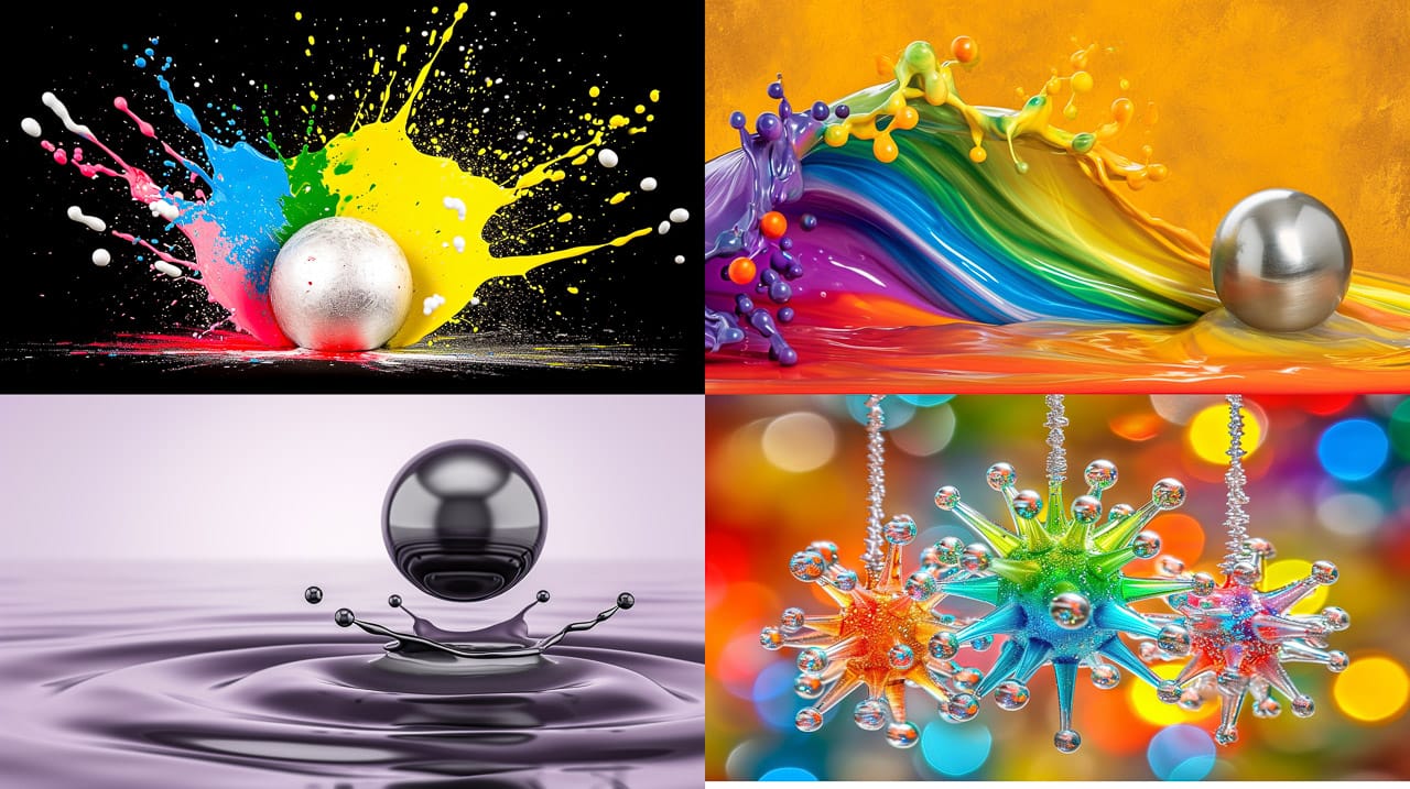 Silver ball splashing through iridescent liquid, shown in vibrant high-energy kinetic photographs, Midjourney V6.0