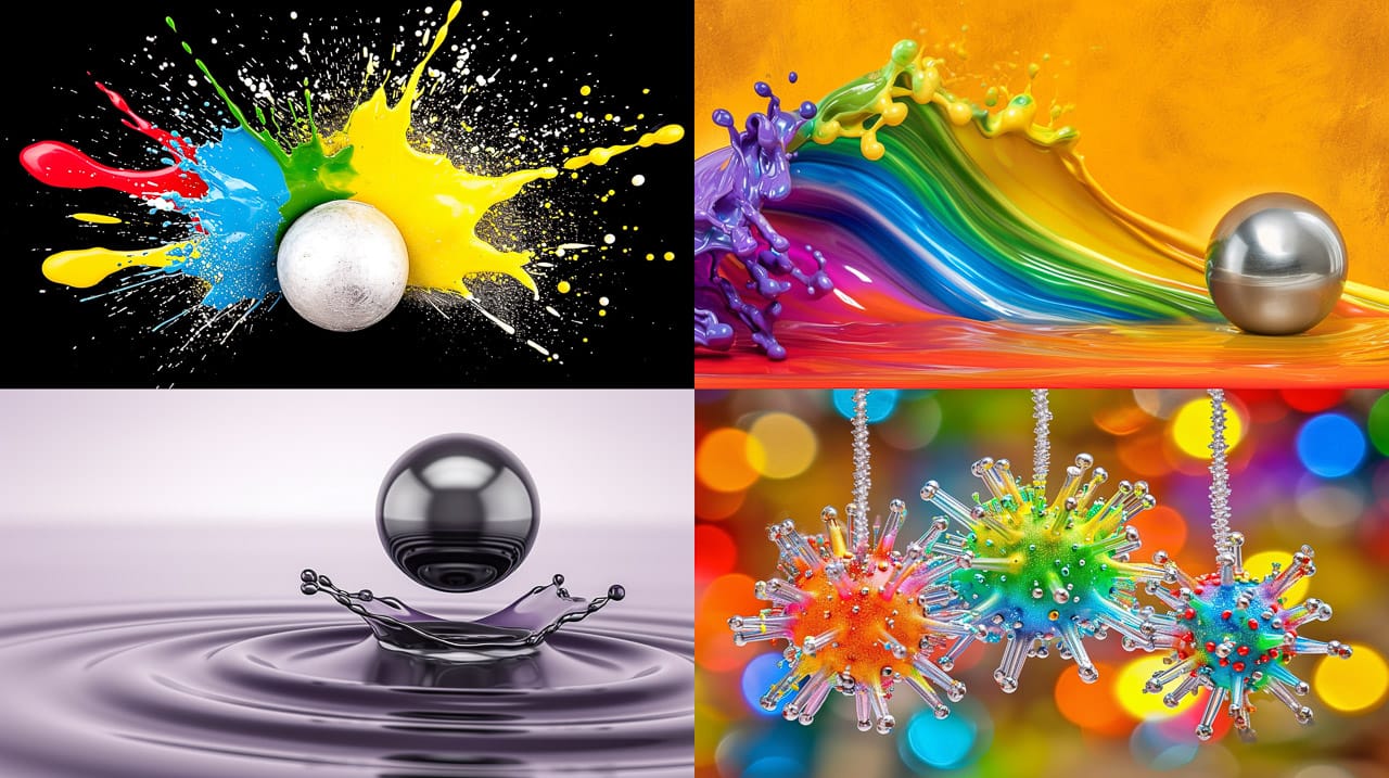 Metallic spheres amid colorful splashes and ripples, glossy kinetic photography with vivid light, Midjourney V6.0