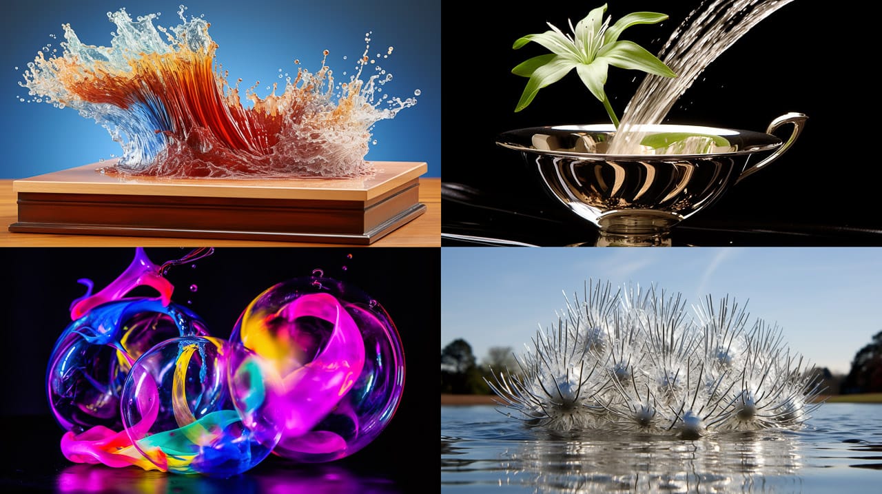 Silver ball flying through splashing iridescent ferrofluid in a high-energy kinetic photograph, Midjourney V5.2, figure 100