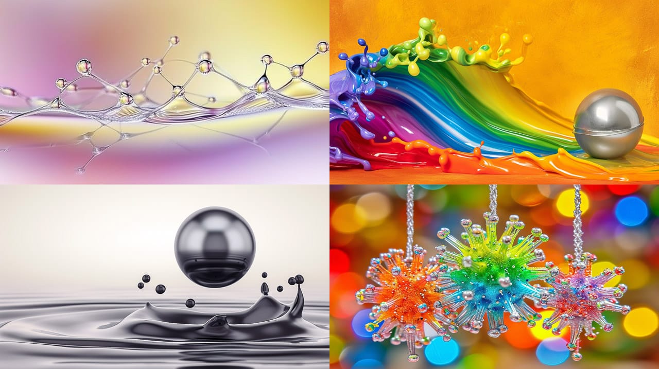 Silver ball flying through splashing iridescent ferrofluid in a vivid kinetic photograph, Midjourney V6.0, figure 101