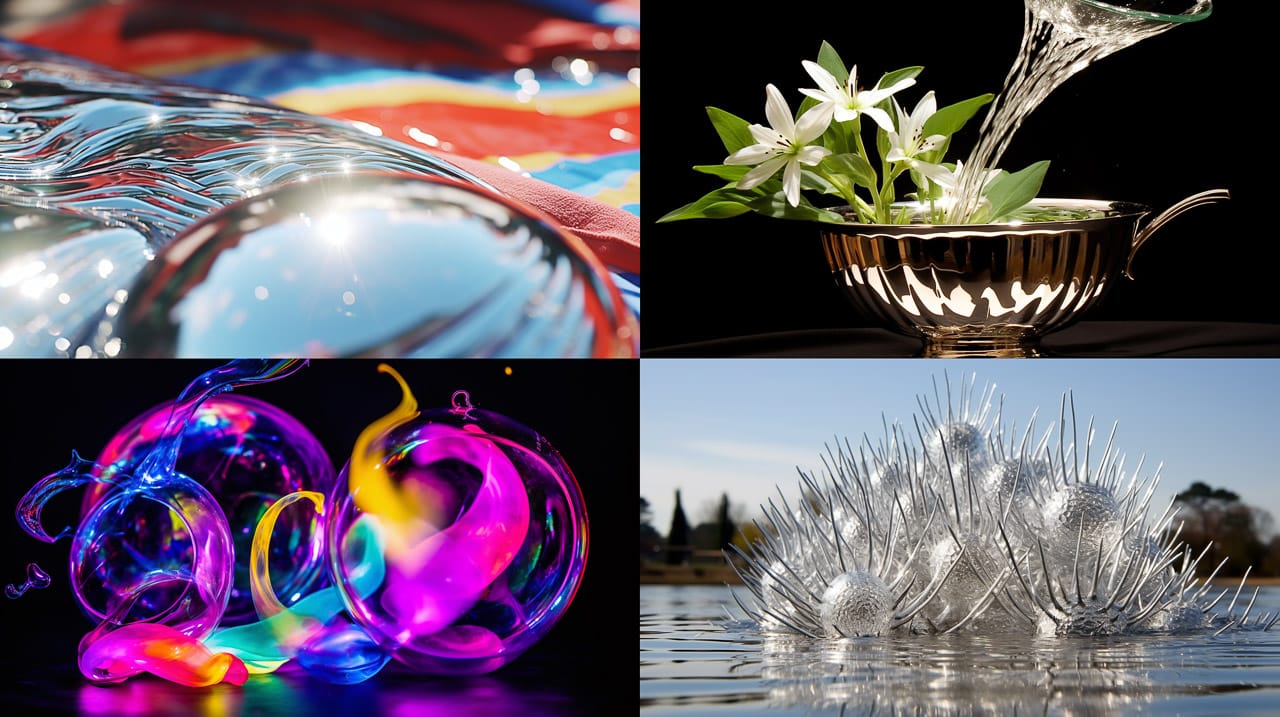 Silver balls splashing through iridescent ferrofluid, captured as a high-energy kinetic photograph, Midjourney V5.2