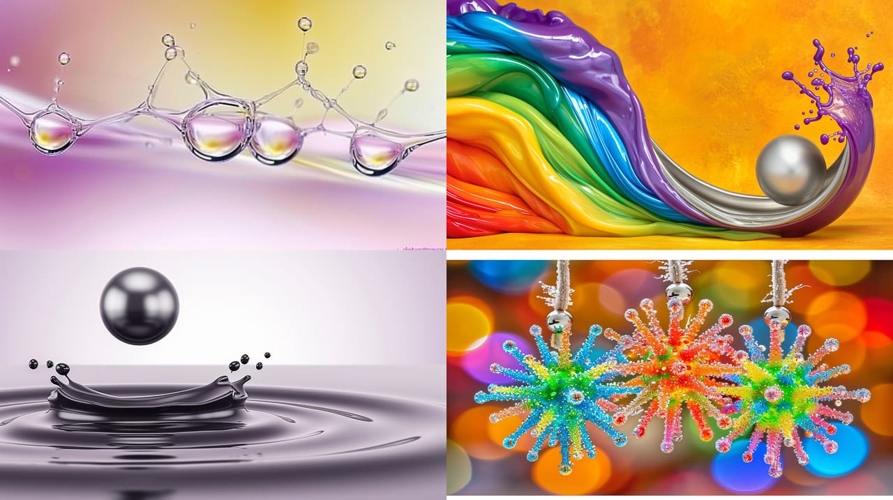 Silver ball flying through splashing iridescent ferrofluid in a high-energy kinetic photograph, Midjourney V6.0, figure 103