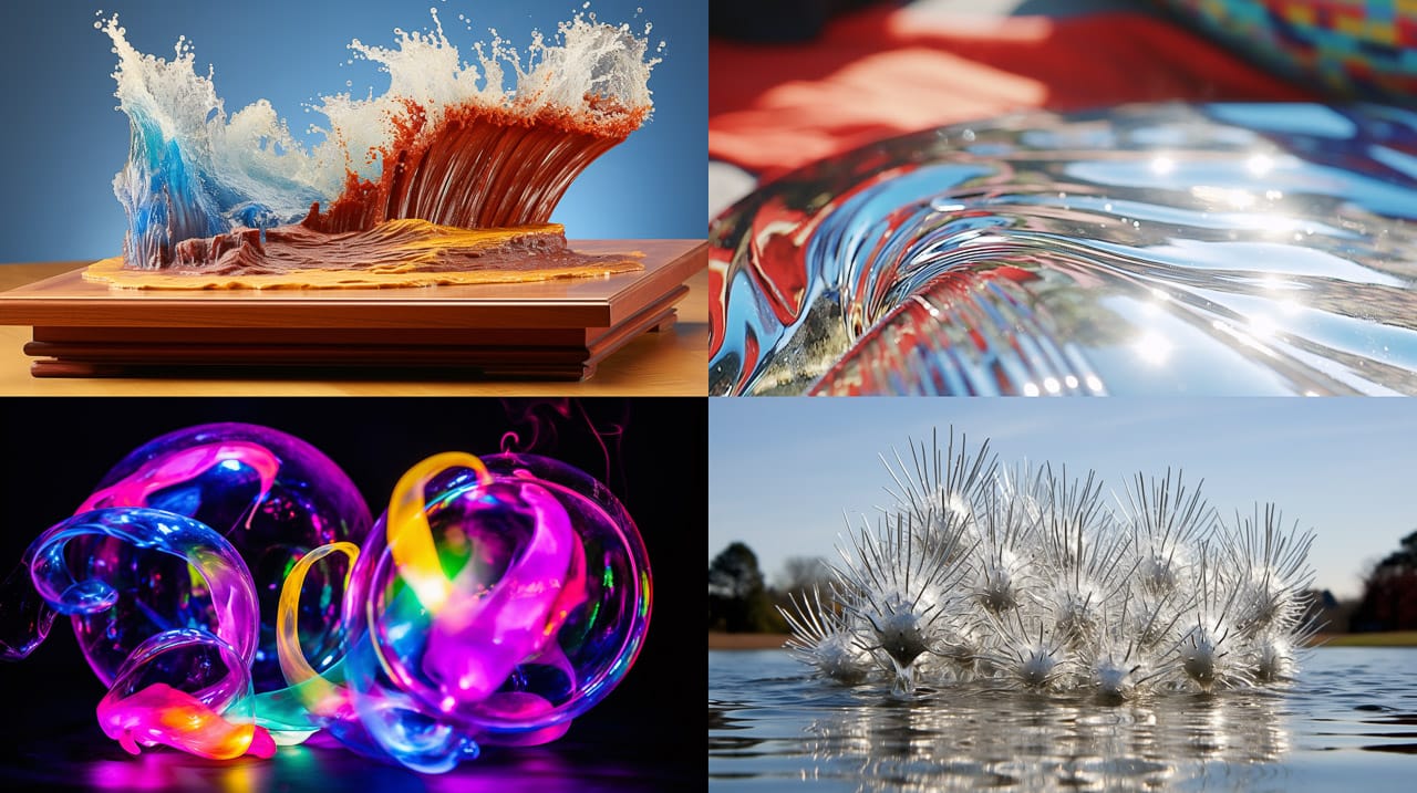 Abstract ferrofluid forms splashing metallic waves in vivid iridescent colors and bright light, Midjourney V5.2