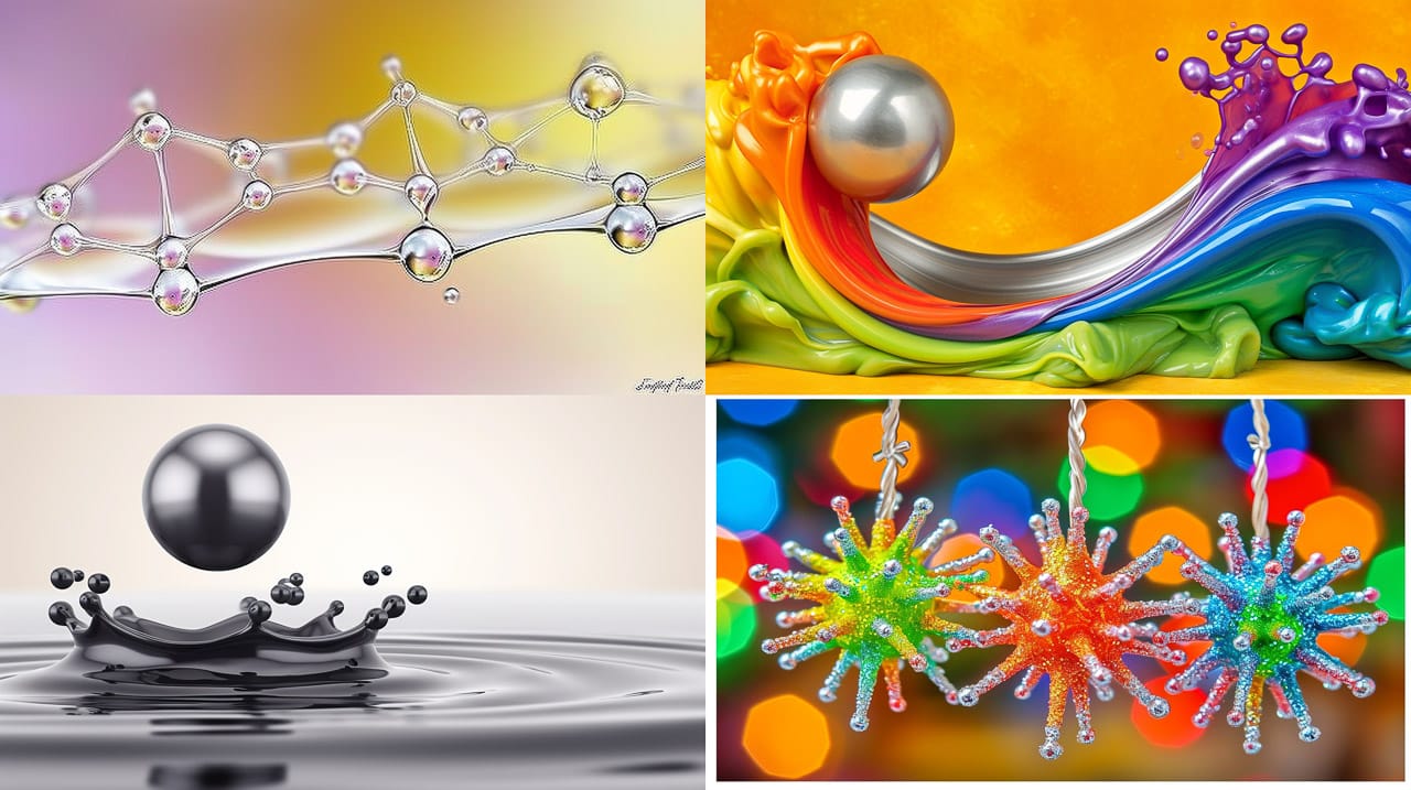 Silver ball flying through splashing iridescent ferrofluid in a vibrant kinetic photograph, Midjourney V6.0