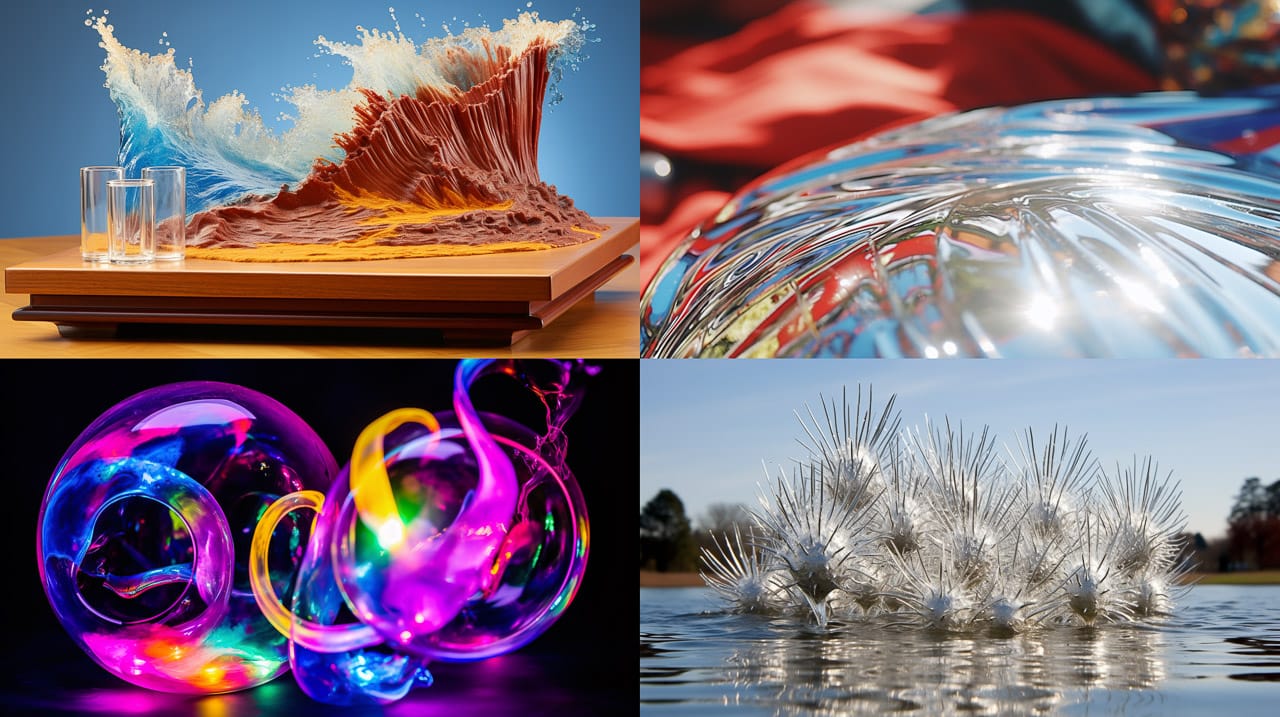 Abstract kinetic scenes with splashing fluid and reflective forms in vivid colors and bright light, Midjourney V5.2
