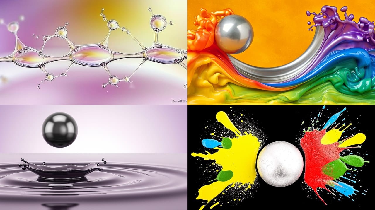 Silver ball flying through splashing iridescent ferrofluid in a high-energy kinetic photograph, Midjourney V6.0, figure 107