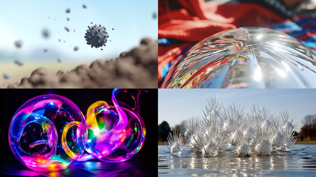 Abstract forms and textures in varied photographic styles, from earthy motion to vivid iridescence, Midjourney V5.2