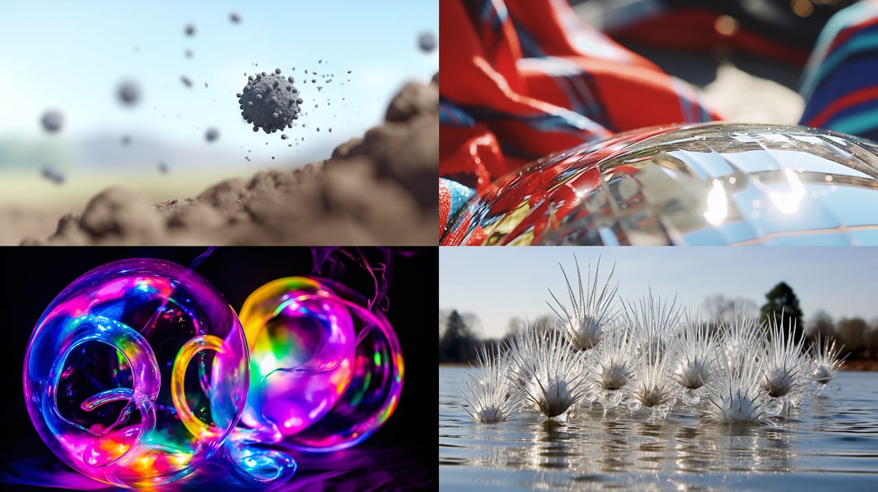 Kinetic forms and floating spiky spheres in vivid colors, glossy photography, bright light, Midjourney V5.2