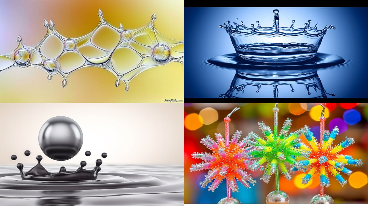 Silver ball splashing through iridescent ferrofluid in a high-energy kinetic photograph, Midjourney V6.0