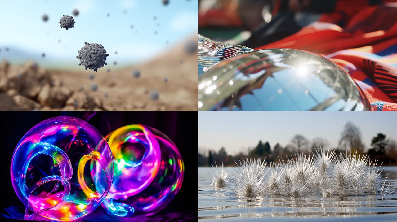 Kinetic collage of reflective spheres and crystalline forms in vivid colors and natural light, Midjourney V5.2