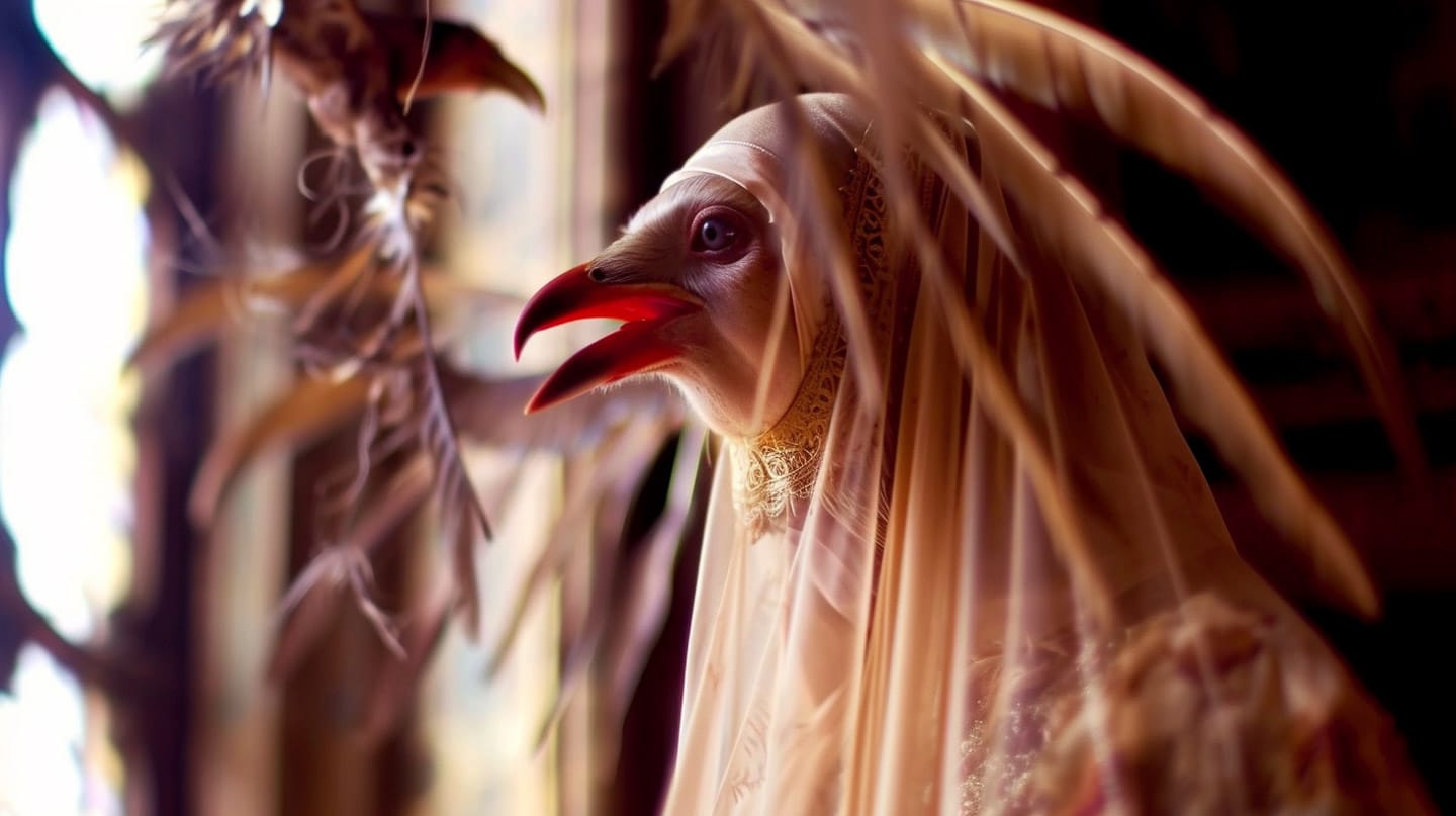 Surreal bird with an open red beak, rendered in warm sepia tones with glowing backlight, Midjourney V6.0
