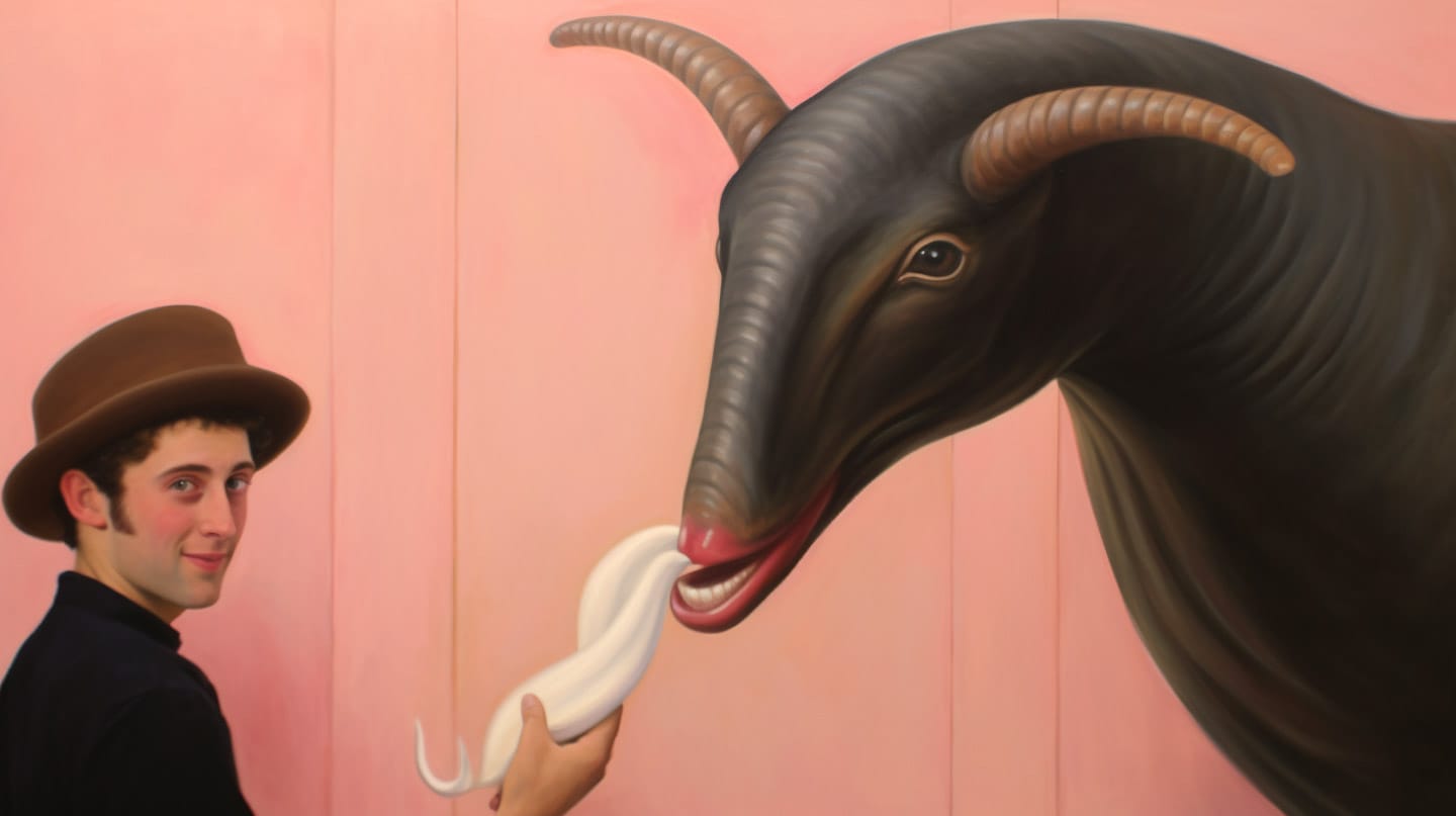 Man in a brown hat feeds a horned black creature in surreal digital art with soft pink light, Midjourney V5.2