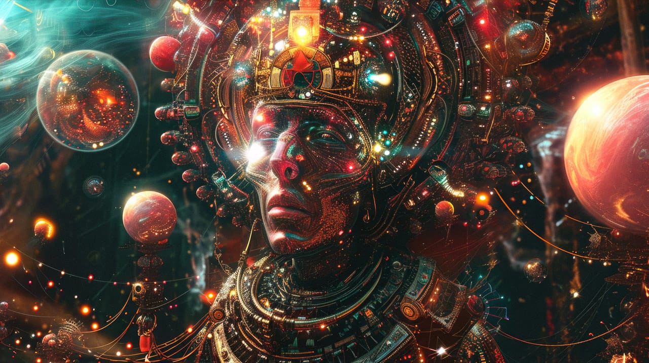 Space cyber-shaman amid planets and circuitry, glowing surreal digital art in teal, red, and gold, Midjourney V6.0
