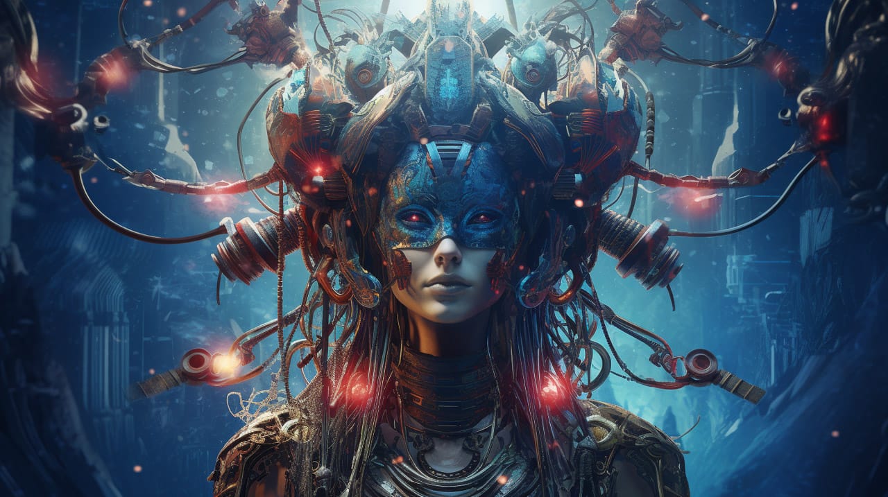 Cyber-shaman with mechanical headdress and cables, cinematic digital art in blue and red light, Midjourney V5.2