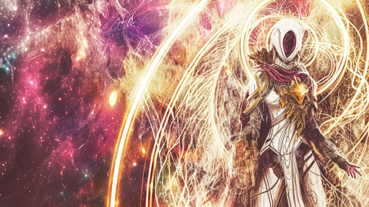 Cybernetic space shaman amid cosmic energy, ornate line art in glowing pink, gold, and white, Midjourney V6.0