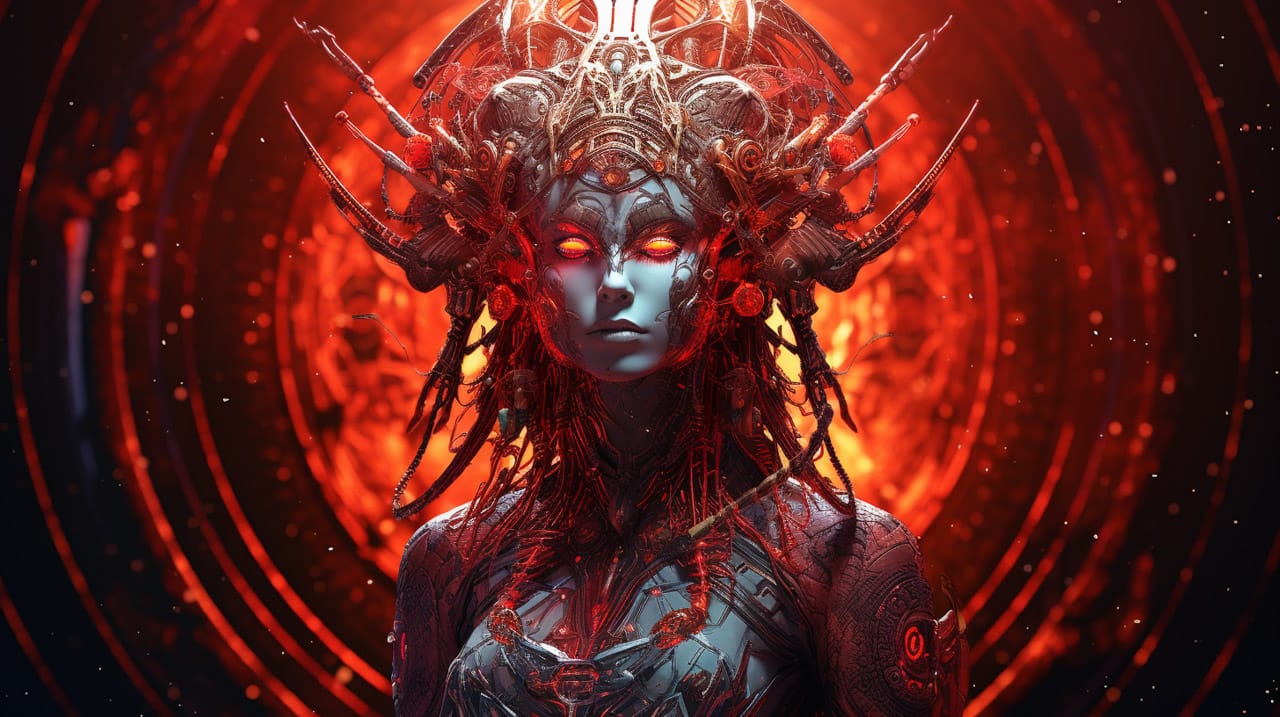 Cybernetic shaman with elaborate headdress, dark red palette, glowing eyes and dramatic light, Midjourney V5.2