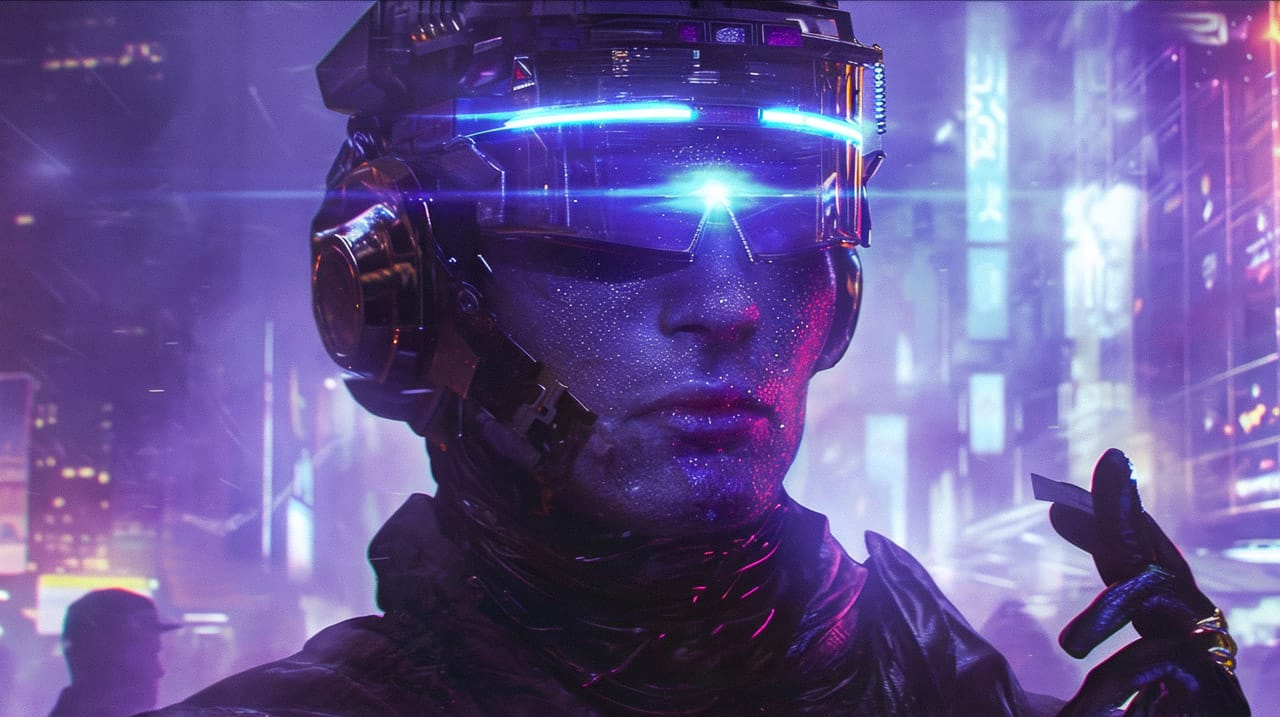 Cyber-shaman in a futuristic city, rendered in neon purple-blue cyberpunk light, Midjourney V6.0